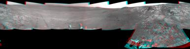 This full-circle, 3-D panorama shows the terrain around the NASA Mars Exploration Rover Opportunity on the northern portion of 'Matijevic Hill' on the 'Cape York' segment of the western rim of Endeavour Crater.