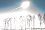 This image shows the flash above Chelyabinsk, Russia, from the fireball streaking through the sky on Feb. 15, 2013. The small asteroid was approximately 56 to 66 feet in diameter. The picture was taken by a local, M. Ahmetvaleev.