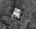 This image produced from software used for planning drives of NASA's Mars rover Curiosity depicts the location and size of the rover when it was driven into position for drilling into rock target 'Cumberland.'