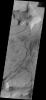 This image from NASA's 2001 Mars Odyssey spacecraft shows some of the depressions in the material that fills Asimov Crater.