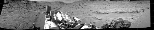 This panorama combining images taken on Feb. 10, 2014, by NASA's Curiosity Mars rover looks back to where the rover crossed a dune at 'Dingo Gap' four days earlier. The view is centered toward the east and spans about 225 degrees.