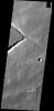 Towards the top of this image from NASA's 2001 Mars Odyssey spacecraft is a 'T' shaped depression and two sections of narrow channel located on the northeast part of the Elysium Mons volcanic complex. Fluids (like water, or lava) flow downhill.