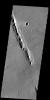 The linear feature in this image captured by NASA's 2001 Mars Odyssey spacecraft is part of Cyane Fossae. The circular collapse features are bounded by linear faults.