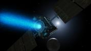 This artist's concept shows NASA's Dawn spacecraft arriving at the dwarf planet Ceres. Dawn travels through space using a technology called ion propulsion, with ions glowing with blue light are accelerated out of an engine, giving the spacecraft thrust.