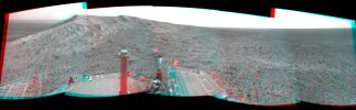 NASA's Mars Exploration Rover Opportunity recorded this view of the summit of 'Cape Tribulation,' on the western rim of Endeavour Crater on the day before the rover drove to the top. You need 3D glasses to view this image.