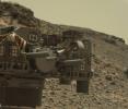 This raw-color view from Curiosity's Mastcam shows the rover's drill just after finishing a drilling operation at 'Telegraph Peak' on Feb. 24, 2015.