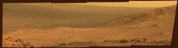This view from NASA's Mars Exploration Rover Opportunity shows part of 'Marathon Valley,' a destination on the western rim of Endeavour Crater, as seen from an overlook north of the valley.