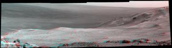 This 3-D stereo scene from NASA's Mars Exploration Rover Opportunity shows part of 'Marathon Valley,' a destination on the western rim of Endeavour Crater, as seen from an overlook north of the valley.