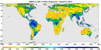 A three-day composite global map of surface soil moisture as retrieved from NASA's SMAP's radiometer instrument between Aug. 25-27, 2015. Dry areas appear yellow/orange, such as the Sahara Desert, western Australia and the western U.S.