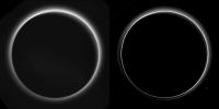 Two different versions of an image of Pluto's haze layers, taken by NASA's New Horizons as it looked back at Pluto's dark side nearly 16 hours after close approach, from a distance of 480,000 miles (770,000 kilometers).