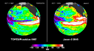 In this side-by-side visualization, Pacific Ocean sea surface height anomalies during the 1997-98 El Niño (left) are compared with 2015 Pacific conditions (right).