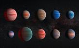 This image shows an artist's impression of the 10 hot Jupiter exoplanets studied using the Hubble and Spitzer space telescopes. (Top L, Bottom R -- WASP-12b, WASP-6b, WASP-31b, WASP-39b, HD 189733b, HAT-P-12b, WASP-17b, WASP-19b, HAT-P-1b, HD 209458b)