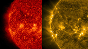 This side-by-side rendering of the Sun at the same time in two different wavelengths of extreme ultraviolet light helps to visualize the differing features visible in each wavelength (Dec. 10-11, 2015). This image is from NASA's Solar Dynamics Observatory