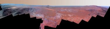 A ridge called 'Rocheport' on the western rim of Mars' Endeavour Crater spans this mosaic of images from the Pancam on NASA's Mars Exploration Rover Opportunity. Enhanced color to make differences in surface materials more easily visible.