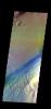 The THEMIS camera contains 5 filters. The data from different filters can be combined in multiple ways to create a false color image. This image from NASA's 2001 Mars Odyssey spacecraft shows part of Gale Crater.