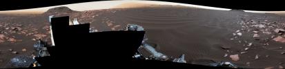 A rippled linear dune of dark Martian sand, 'Nathan Bridges Dune,' dominates this full-circle panorama from NASA's Curiosity Mars rover.