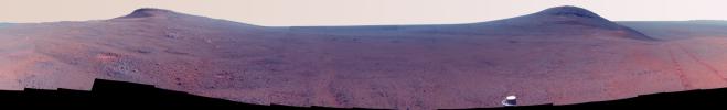 This color-enhanced June 2017 view from the Pancam on NASA's Opportunity Mars rover shows the area just above 'Perseverance Valley' on the western rim of Endeavour Crater.