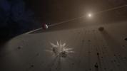 This artist's rendering shows a large exoplanet causing small bodies to collide in a disk of dust.