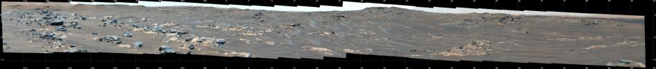 This image indicates the location of several prominent geologic features visible in a mosaic composed of 84 pictures taken by the Mastcam-Z imager aboard NASA's Perseverance rover.