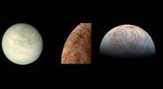 This triptych image shows views of Jupiter's moon Europa as taken by various NASA spacecraft, including Voyager 1, Voyager 2 and Galileo.