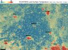 NASA's ECOSTRESS instrument made this image of ground temperatures near Delhi, around midnight on May 5. The urban heat islands of Delhi and smaller villages peaked at 102 degrees F (39 degrees C) while nearby fields were about 40 degrees F cooler.
