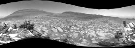 After arriving at Gediz Vallis channel, NASA's Curiosity Mars rover captured this 360-degree panorama using one of its black-and-white navigation cameras on Feb. 3, 2024.