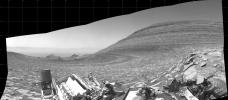 NASA's Curiosity Mars rover captured this panorama using its left black-and-white navigation camera on Feb. 1, 2024. The panorama is made up of 10 images that were stitched together after being sent back to Earth.