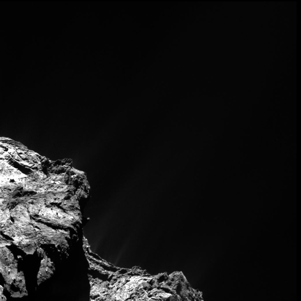 Animated black-and-white image of a jet shooting out from a comet