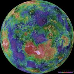 This hemispheric view of Venus, as revealed by more than a decade of radar investigations culminating in the 1990-1994 Magellan mission, is centered on the North Pole. NASA's Magellan spacecraft imaged more than 98% of Venus.