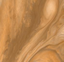 This color view of the region just to the East of the Great Red Spot was taken by NASA's Voyager 1 on March 4, 1979 at a distance of 1,000,000 miles (1,800,000 km).