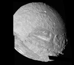 This mosaic of Miranda was obtained by NASA's Voyager 2 during its close flyby of the Uranian moon. Miranda exhibits varied geologic provinces where ridges and valleys of one province are cut off against the boundary of the next province. 