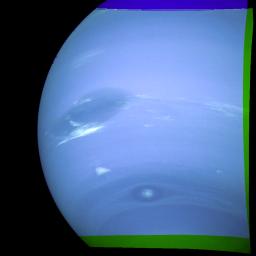 This photograph of Neptune was reconstructed from two images taken by NASA's Voyager 2. At the north (top) is the Great Dark Spot.