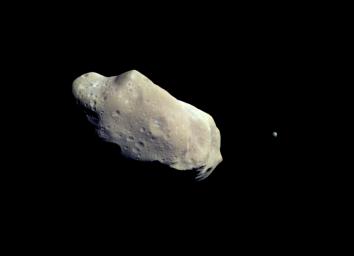 This color picture is made from images taken by the imaging system on NASA's Galileo spacecraft about 14 minutes before its closest approach to asteroid 243 Ida on August 28, 1993.
