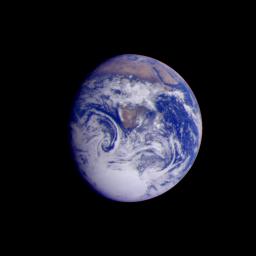 This color image of the Earth was obtained by NASA's Galileo spacecraft in Dec. 1990, when the spacecraft was about 1.5 million miles from the Earth. Africa stretches from the center to the top of the picture with the Arabian Peninsula off to its right.