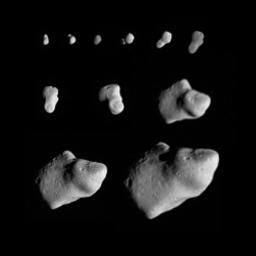 This montage of 11 images taken by NASA's Galileo spacecraft as it flew by the asteroid Gaspra on Oct. 1991, shows Gaspra growing progressively larger in the field of view of Galileo's solid-state imaging camera as the spacecraft approached the asteroid.