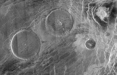 This Magellan full resolution mosaic, centered at 12.3 north latitude, 8.3 degrees east longitude, shows an area in the Eistla region of Venus.