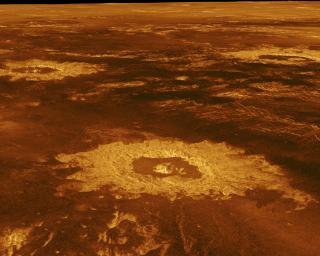 Three impact craters are displayed in this three-dimensional perspective view from NASA's Magellan spacecraft of the surface of Venus. The center of the image is located in the northwestern portion of Lavinia Planitia.
