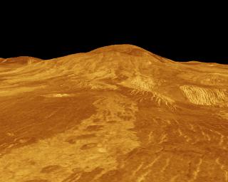 Sif Mons is displayed in this computer-simulated view obtained by NASA's Magellan spacecraft of the surface of Venus.
