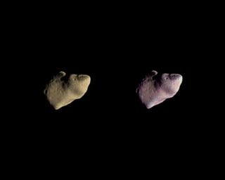 These two color views of the asteroid Gaspra were produced by combining three images taken through violet, green, and infrared filters by NASA's Galileo spacecraft on October 29, 1991.