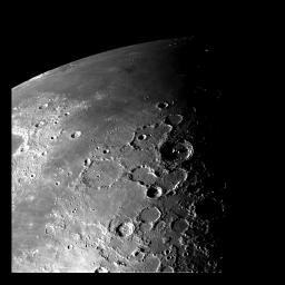 This view of the north polar region of the Moon was obtained by NASA's Galileo's camera during the spacecraft's flyby of the Earth-Moon system on December 7 and 8, 1992.