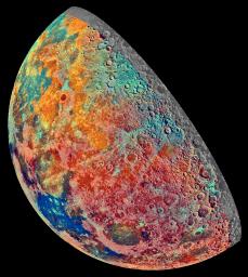 This false-color mosaic was constructed from a series of 53 images taken through three spectral filters by NASA's Galileo's imaging system as the spacecraft flew over the northern regions of the Moon on December 7, 1992.