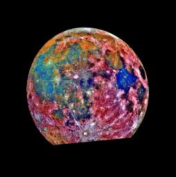This false-color photograph is a composite of 15 images of the Moon taken through three color filters NASA's Galileo's solid-state imaging system during the spacecraft's passage through the Earth-Moon system on December 8, 1992.