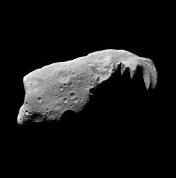 This view of the asteroid 243 Ida is a mosaic of five image frames acquired by NASA's Galileo spacecraft's solid-state imaging system at ranges of 3,057 to 3,821 kilometers (1,900 to 2,375 miles) on August 28, 1993.