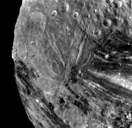 This image of the Uranian moon, Miranda, was taken Jan 24, 1986 by NASA's Voyager 2. This image reveals a bewildering variety of fractures, grooves and craters, as well as features of different albedos (reflectancea). 