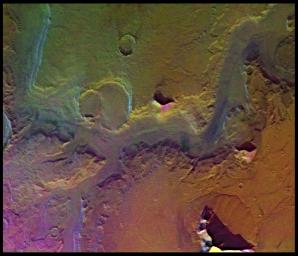 A conspicuous fretted channel, Reull Valles, Mars which dissects wall deposits of the large Hellas impact basin, trends southeast towards the basin floor as seen by NASA's Viking Orbiter 2.