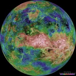 The hemispheric view of Venus, as revealed by more than a decade of radar investigations culminating in NASA's 1990-1994 Magellan mission, is centered at 90 degrees east longitude. 
