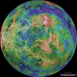 The view of Venus, after more than a decade of radar investigations culminating in the 1990-1994 NASA Magellan mission, is centered at 270 degrees east longitude.