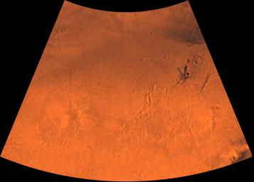 Mars digital-image mosaic merged with color of the MC-3 quadrangle, Arcadia region of Mars. This image is from NASA's Viking Orbiter 1.