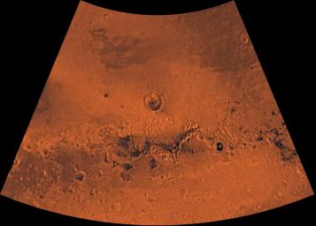 Mars digital-image mosaic merged with color of the MC-5 quadrangle, Ismenius Lacus region of Mars. This image is from NASA's Viking Orbiter 1.