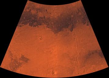 Mars digital-image mosaic merged with color of the MC-7 quadrangle, Cebrenia region of Mars. This image is from NASA's Viking Orbiter 1.